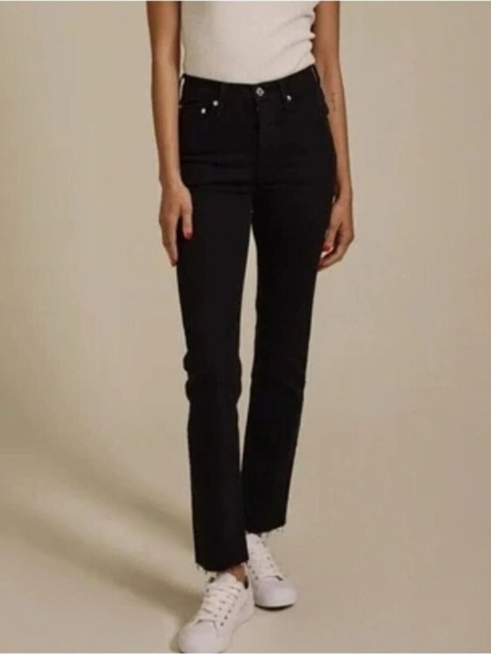 Edwin for Anthropologie Jet Black Straight slim frayed hem high rise jeans